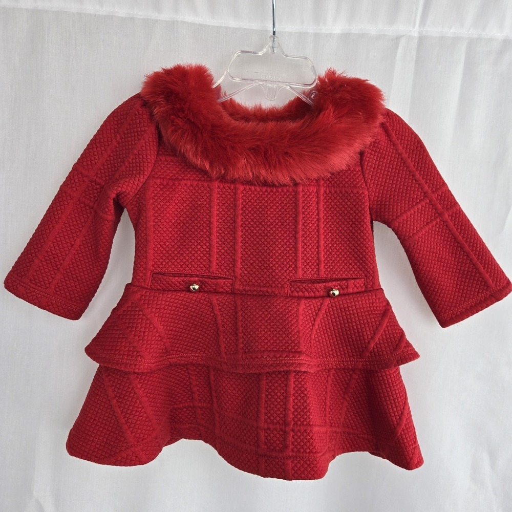 Janie And Jack Girls Faux Fur Collar Holiday Red Dress Size 12-18m Party